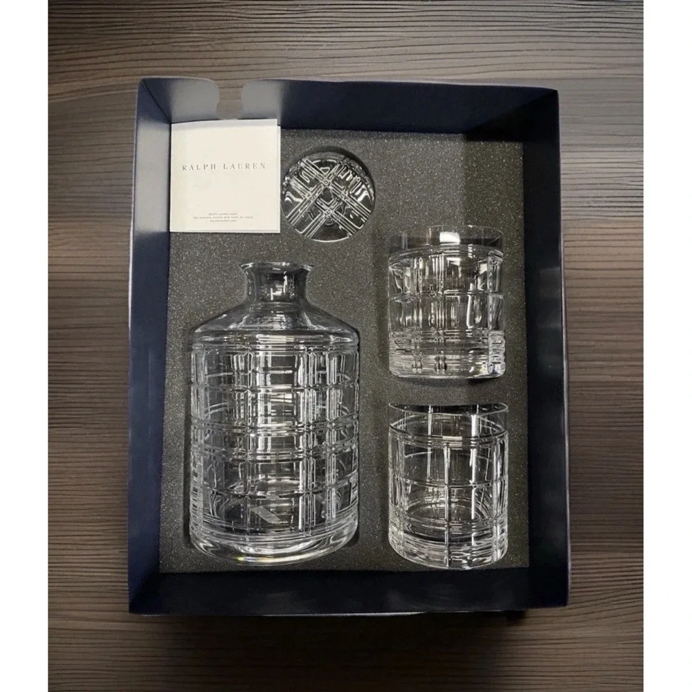 Ralph Lauren Hudson Plaid Crystal Decanter and 2 Glass Gift Set 680842802004